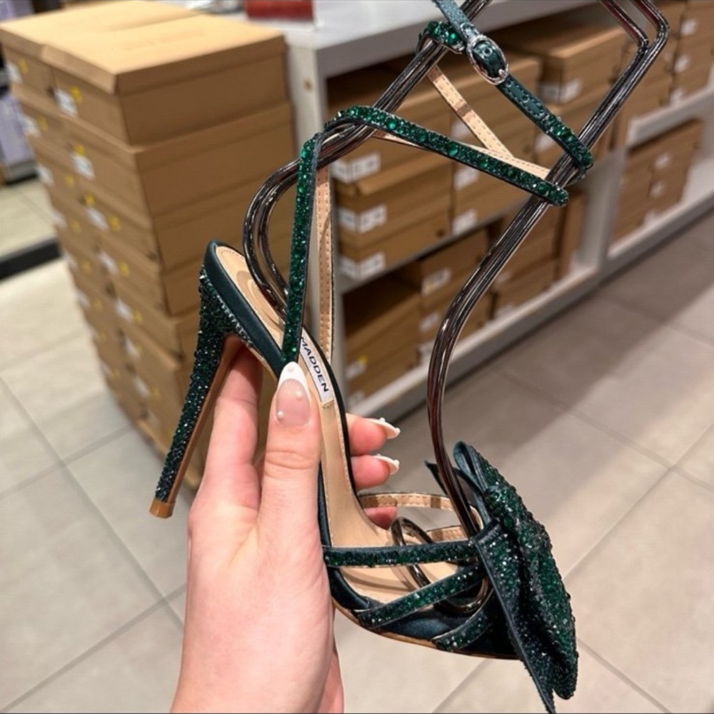 Steve Madden Blossom Green Strappy Heels with Bow Embellished Rhinestone - Picture 7 of 8